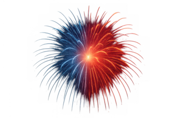 Exploding red and blue fireworks burst, creating a vibrant light pyrotechnic display on transparent background