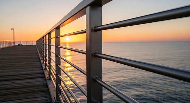 A serene sunset over a wooden pier with metal railings, reflecting on the calm ocean water.