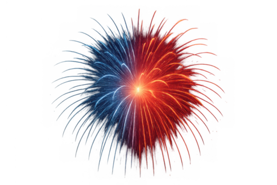 Exploding red and blue fireworks burst, creating a vibrant light pyrotechnic display on transparent background