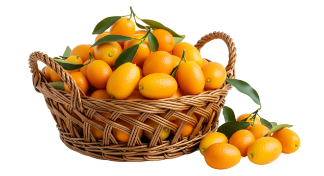 A Wicker Basket Overflowing with Fresh, Ripe Kumquats, Showcasing Their Vibrant Orange Hue and Lush Green Leaves