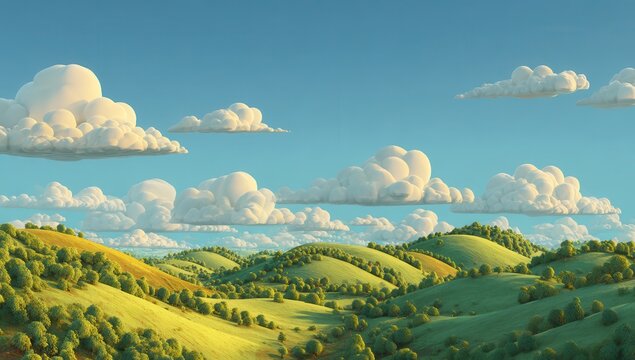 High quality photo of lush green rolling hills under a vibrant blue sky with fluffy white clouds