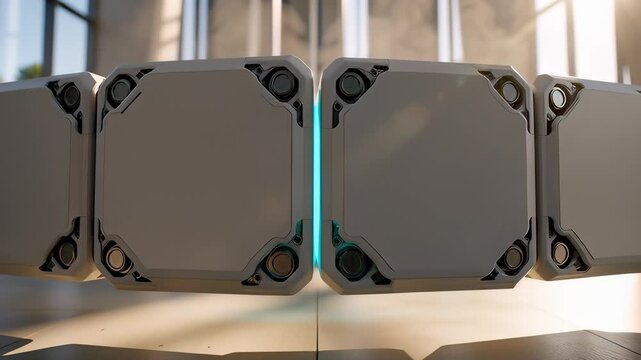 Modular architecture blocks snapping together showcase futuristic robotic technology, as white cubes connect with a glowing light in a modern hall.