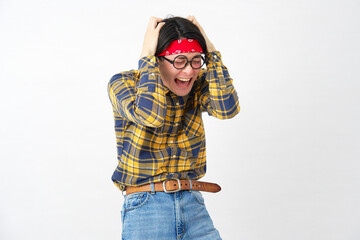 アキバ系の男性　頭を抱える　白背景