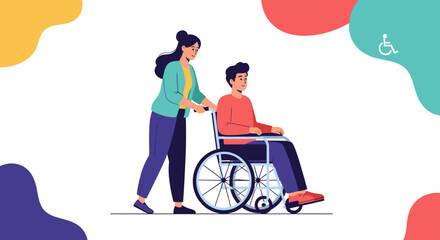 Fototapeta premium A woman pushes a man in a wheelchair, symbolizing care and accessibility.