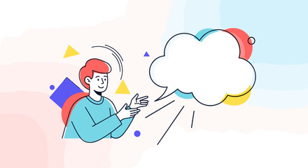 Obraz premium A person in a blue shirt gestures towards a blank speech bubble with colorful abstract shapes in the background.