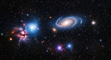 A vast, star-studded universe with a spiral galaxy and a nebula in the foreground.