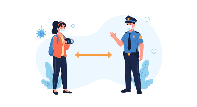 Person and police officer maintaining social distance and wearing masks.