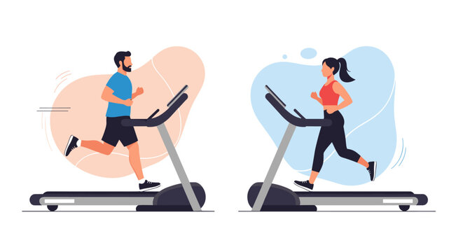 Man and woman running on treadmills side-by-side in a gym, exercising indoors.
