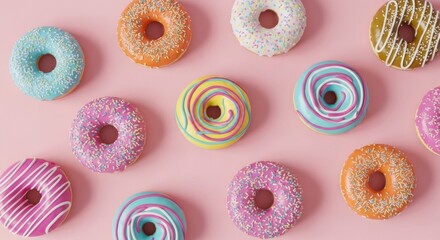collection of sweat donut cakes on a baby pink surface