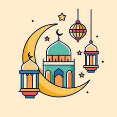 Hand drawn islamic illustration of mosque with crescent moon and hanging lanterns for ramadan kareem and eid mubarak celebrations on beige background