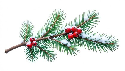A snowy pine branch with red berries against a white background in a winter scene setting shot