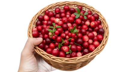 A person's hand presenting a rustic wicker basket brimming with ripe red cranberries and a few sprigs of green leaves, isolated on white