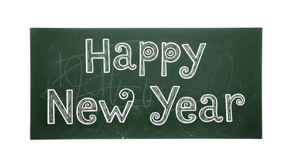 Obraz premium Chalkboard style happy new year greeting written with white chalk isolated on transparent background