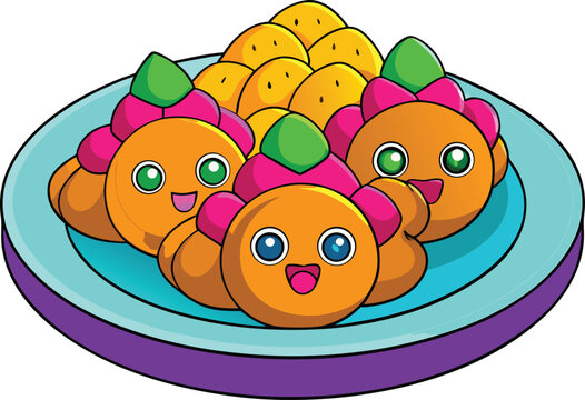 Adorable cartoon food illustration featuring smiling orange character snacks with green toppings served on a light blue plate with purple trim