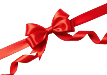 A vibrant red satin ribbon tied into a bow, isolated on transparent background, with one end trailing off to the side