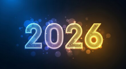Vibrant neon "2026" in a rainbow gradient on a dark, futuristic background with light spots.