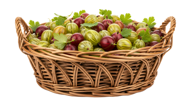 Fresh Gooseberries in a Woven Basket A Delicious Summer Harvest on a White Background
