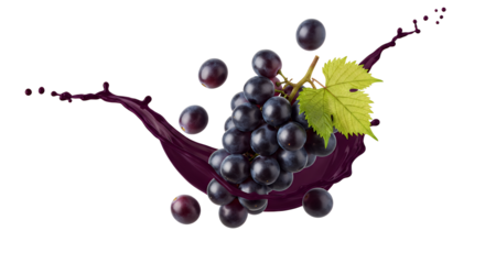 Fresh black grapes with a lively splash of rich purple juice, capturing the essence of natural fruitfulness and refreshing taste in a dynamic display
