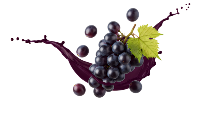 Fresh black grapes with a lively splash of rich purple juice, capturing the essence of natural fruitfulness and refreshing taste in a dynamic display