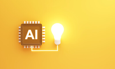 A glowing bulb linked to an AI chip on a yellow background, representing intelligent technology powering new ideas and boosting modern creativity and innovation. 3d rendering.