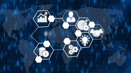 Business Network Concept with Global Map and Icons for Strategy Finance and Teamwork image photo