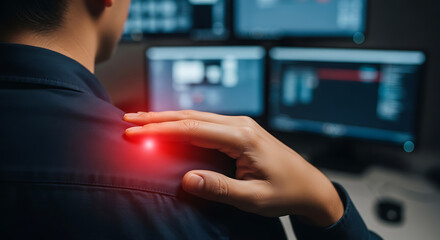 Man with shoulder pain from computer work, hand touching red-highlighted discomfort area in an office setting.