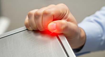 Human hand pressing a red glowing sensor on a brushed metal surface, indicating activation or warning