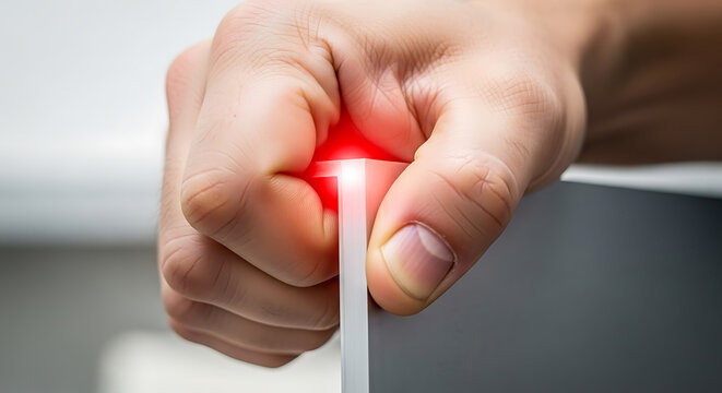 Fist pressing a glowing red button or sensor, symbolizing alert, emergency, or activation