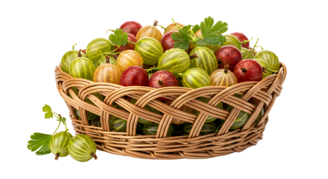 A Woven basket brimming with fresh, ripe gooseberries, showcasing a variety of green and red hues, ready for consumption or culinary use