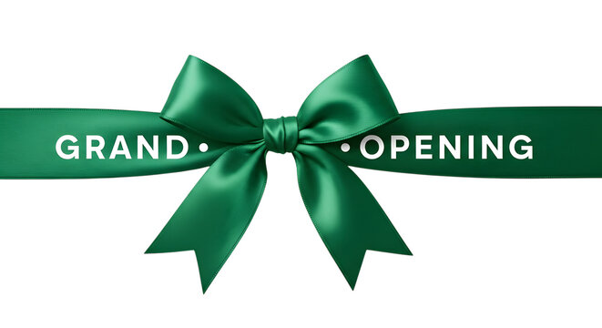Elegant green satin ribbon tied in a bow with grand opening text isolated on transparent background