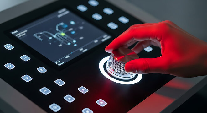Precision control: Hand turning illuminated dial on a high-tech digital console with screen in a dark environment.