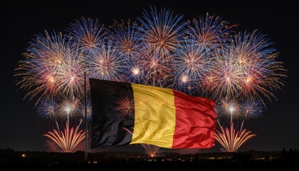 Belgium Flag with Vibrant Fireworks Display Celebration. Patriotic Belgian Pyrotechnics Spectacle. National Day Fireworks Over Belgium Flag.