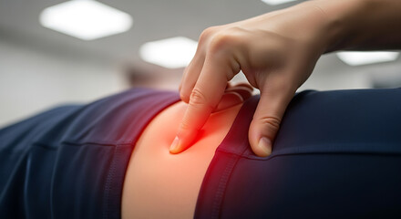 Manual therapy for lower back pain: Professional hand touching sore lumbar area with red highlight, indicating discomfort or injury