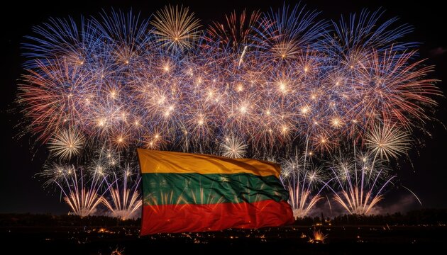 Lithuania Flag with Vibrant Fireworks Display Celebration. Patriotic Lithuanian Pyrotechnics Spectacle. Independence Day Fireworks Over Lithuania Flag.