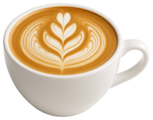 White Ceramic Cup Filled With Latte Coffee With Elaborate Latte Art On A White Background cappuccino isolated on a transparent background