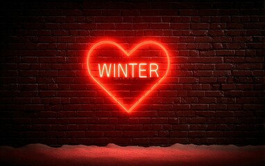 Red neon heart with winter text on brick wall