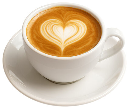 White cup of coffee with heart shaped latte art on a saucer cappuccino espresso isolated on a transparent background