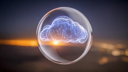 Cloud Data Sanctuary: A digital cloud hovers within a transparent sphere, representing secure data storage and the safeguarding of information in the digital age.