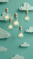 Vibrant photo of creative light bulbs hanging with clouds, a concept of inspiration and idea