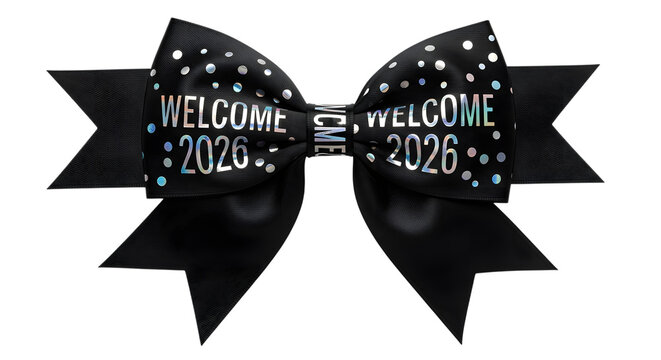 A stylish black cheer bow with 'Welcome 2026' text, perfect for celebrating future achievements. Ideal for school events, sports, and festive occasions. Isolated on transparent background