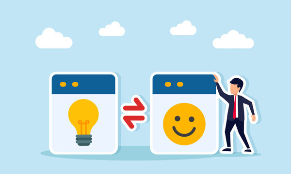 Businessman near two app interfaces showing a lightbulb and a happy emoji connected by an implication icon illustrating the correlation between customer attention and business innovation