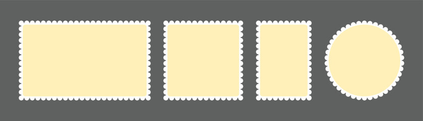 Postage stamps Blank postcard and letter stamp templates collection, scalloped frames. Rectangular, square, and circular blank frames