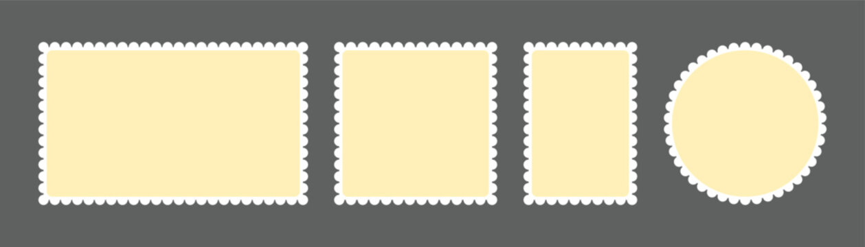 Postage stamps Blank postcard and letter stamp templates collection, scalloped frames. Rectangular, square, and circular blank frames