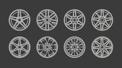 Set of eight different modern car alloy wheel designs for automotive customization