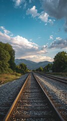 High quality photo of straight railway line stretching into the distance under a blue sky