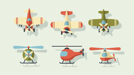 Colorful Collection of Airplanes and Helicopters A Vector Illustration Set