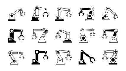 Set of industrial robot arms icons Automation, technology, and manufacturing concepts