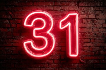 Neon number thirty one glowing on a brick wall