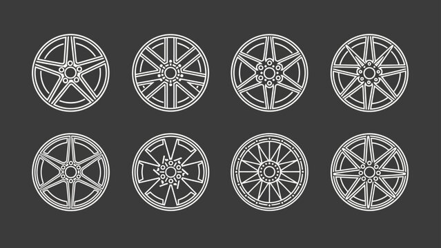 Set of eight different modern car alloy wheel designs for automotive customization