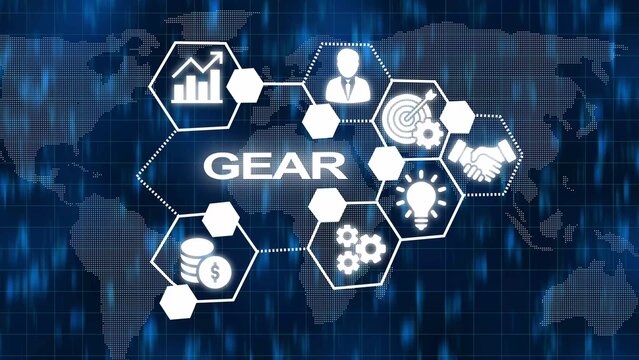 Global Business Strategy Concept with Hexagonal Network of Icons and the Word GEAR image photo